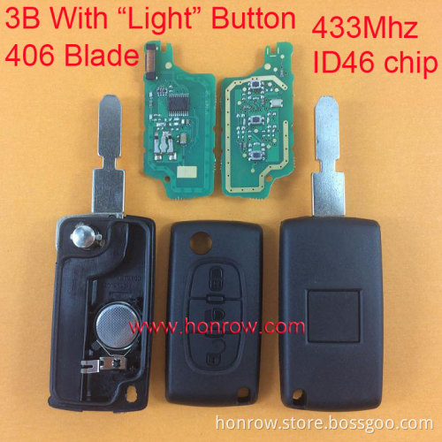 Peugeot 433Mhz ID46 Chip 3 button flip remote key NE78 406 Blade with Light button Remote car key